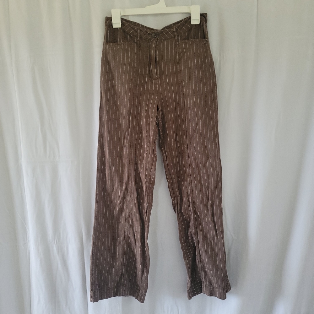 Sundance Linen Blend Brown Pinstripe Wide Leg Andover Pants Women's Sz 6